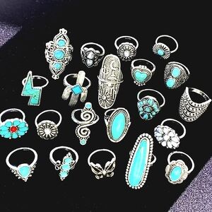 24 Silvery Rings Blue White Bohemian Ring Set 70s Style Hippie Festival Jewelry